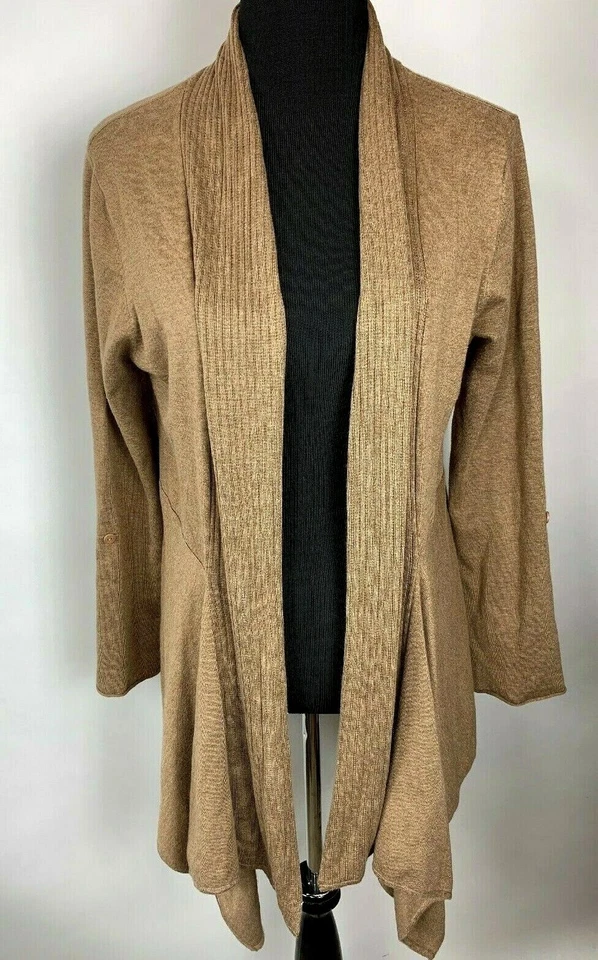 Suéter Coldwater Creek M Frente Abierto Drapeado Marrón Tostado Convertible Manga con Pestaña Foto 2 de 4