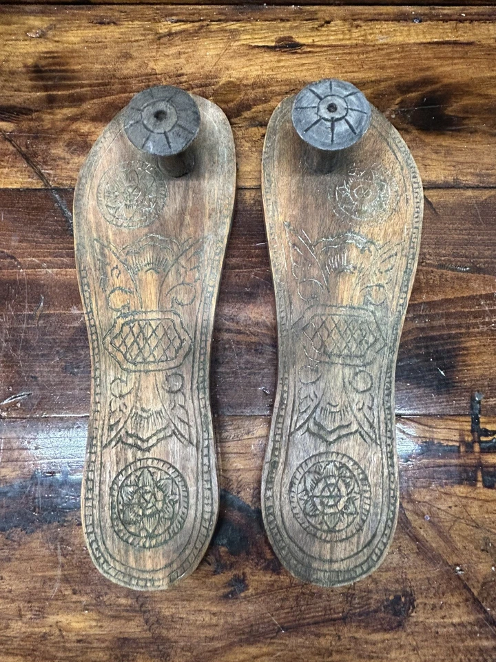 Paduka Shoe Sandal Indian Hand Carved Wood Paduka Sandals World Market Vintage - Image 2 of 4