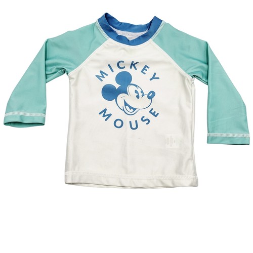 Disney baby Mickey Mouse White Teal Blue UPF 50 Protection Swim Top Boy Sz 9 Mth