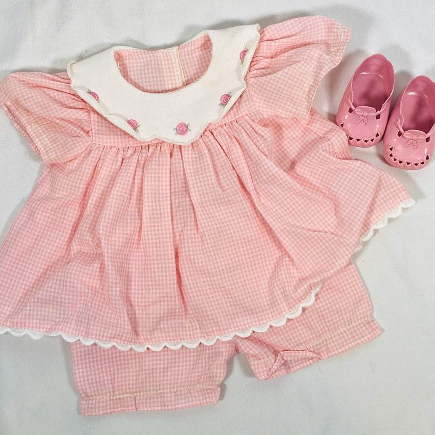 15" American Girl Doll Bitty Baby Birthday Outfit Pink Checked Dress & Shoes Set