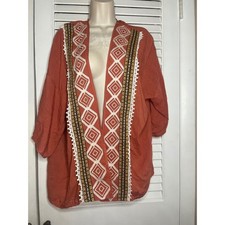 UMGEE Rust Orange Boho Embroidered Kimono Cardigan Pom Pom Trim S/M