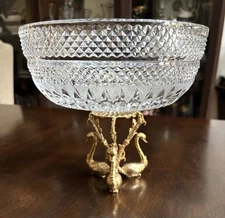 Vtg Cut Crystal Bowl Gold Tone Swan 3 Footed Base French Ormolu Cut Crystal