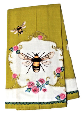 NWT Anthropologie Lou Rota Queen Bee Dish Towel Embroidered Bumblebee Green