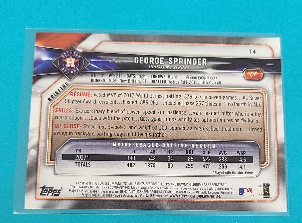 2018 Bowman #14 George Springer Houston Astros BASEBALL Card G3 - Image 2 of 2