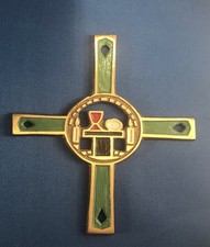 Vtg Enamel Brass Cross Terra Sancta Guild Wall Hanger Wine Bread Israel Religiou