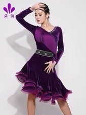 K21 Women s Latin Dance Dress Velvet Fringe Ballroom Salsa Tango Long Sl