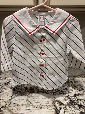 Vintage Y2K Gymboree Girls sailor Collared Striped Button-Up Embroidered Cherry