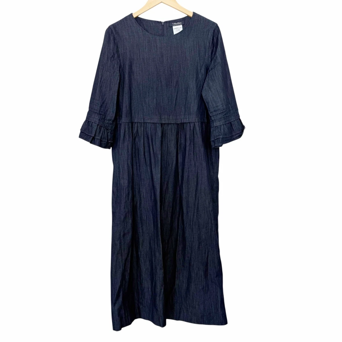 white christmas dresses Max Mara // S Raw Denim Ruffle Trim Embellished Dress – VSP Consignment main image 1