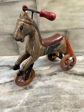Antique Wooden Carved Carousel Horse Trike Toy Paint Decorated Folk Art SEE Whee