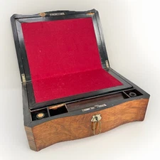 Antique C. 1860 English MOP Inlaid Burl Wood Lap Desk Writing Box W Key Restored