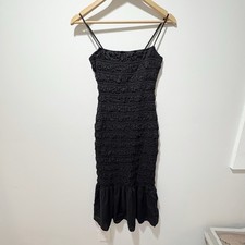 Reformation Seren Dress Black Size 4 Midi Square Neck Shirring Ruffled Hem Small