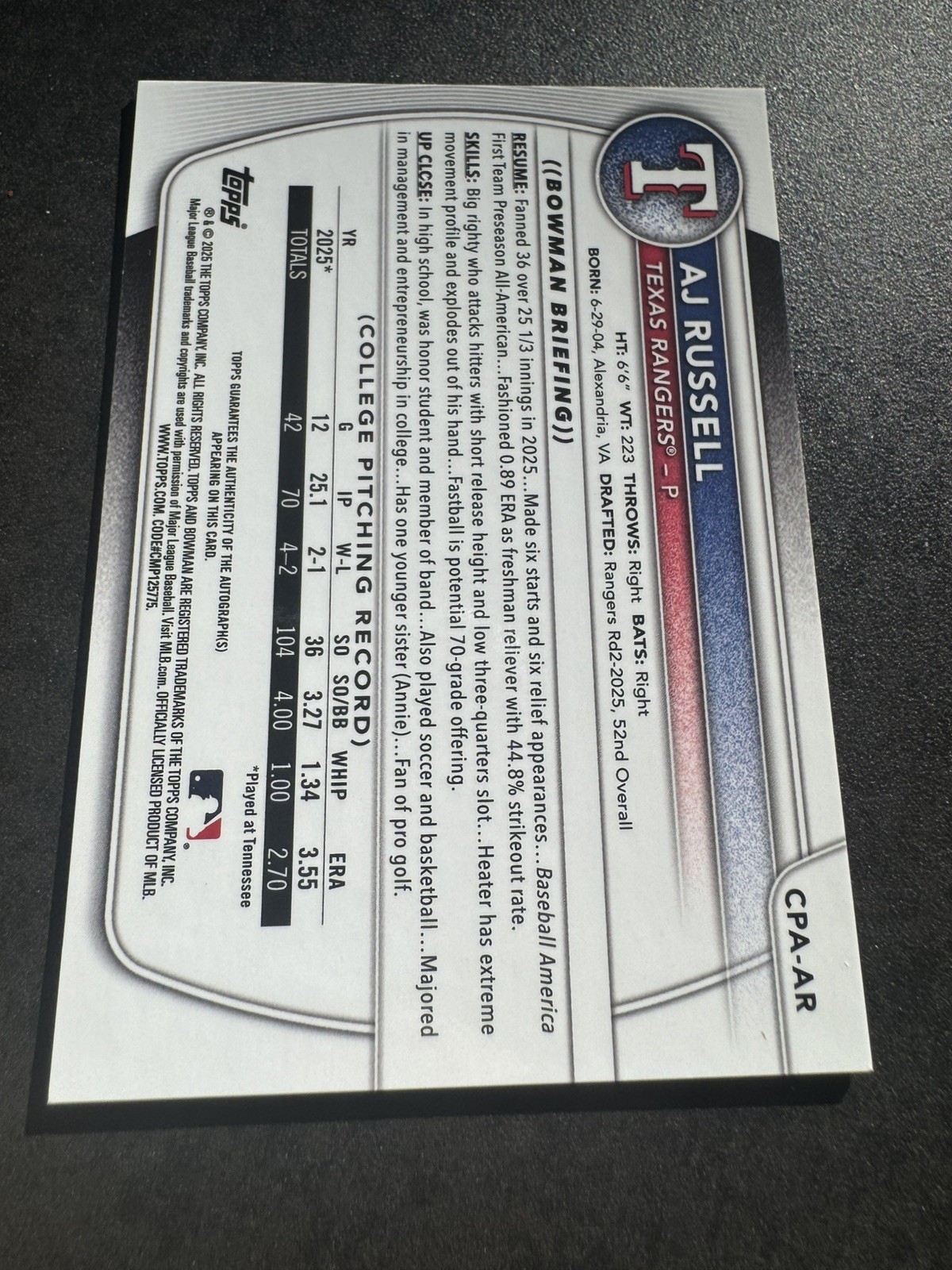 AJ Russell 2025 First Bowman Chrome Auto CPA-AR view 2
