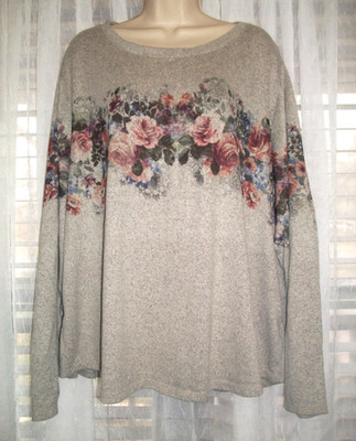 CATO PLUS 26/28 SOFT KNIT ROMANTIC PINK ROSES GRAY PULLOVER THIN SWEATER TOP