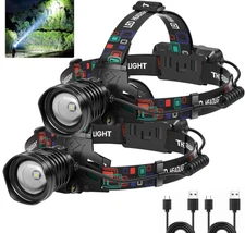 2 Linternas Frontales LED Recargables 99000LM, 3 Modos, IPX6, Ajustable 90°