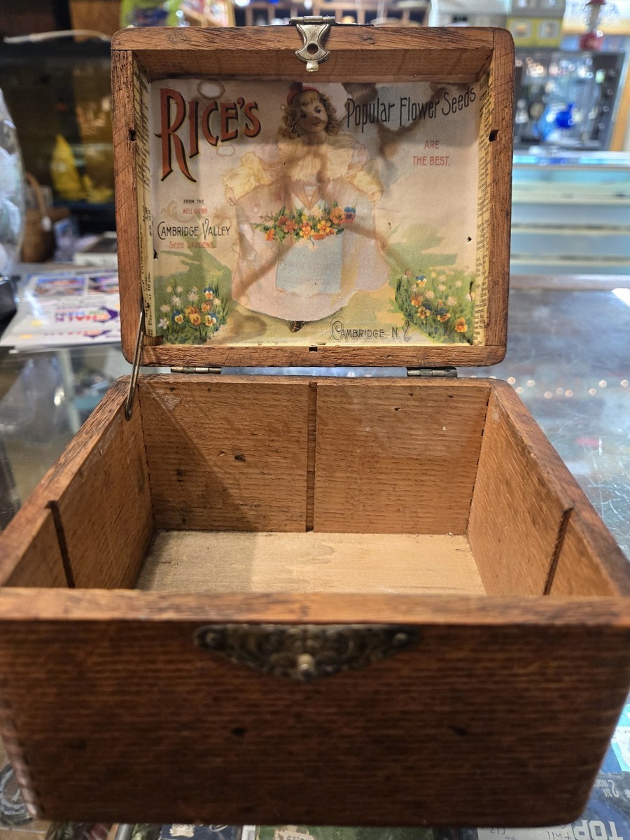 ANTIQUE RICE'S FLOWER SEEDS CAMBRIDGE VALLEY NY WOOD SEED BOX