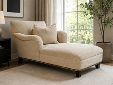 Ralph Lauren Beige Fabric Chaise Rolled Arms High Back Cushions Nailhead