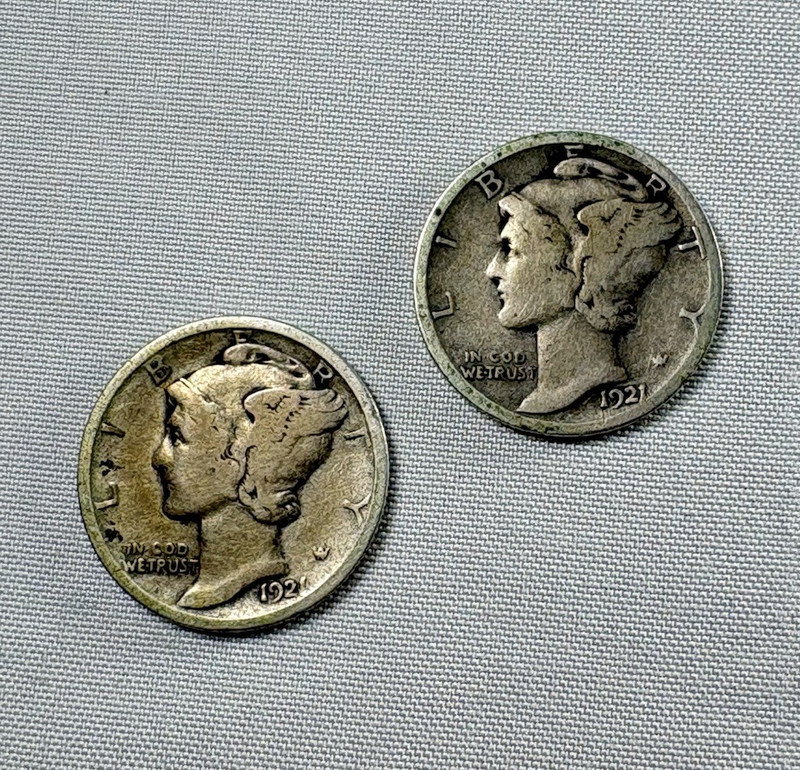 Mercury Dime 1921 D and 1921 P, Lot of 2