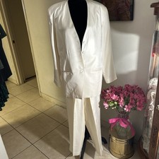 Adrienne Vittadini 100 Silk Ivory Long Tunic Blazer Suit W/Trousers VNTG Sz 6/8