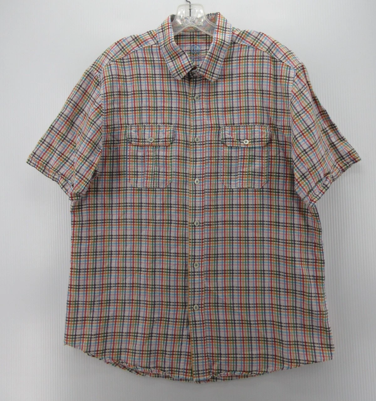 Bugatchi Uomo Shirt Men XL Pink Linen Button Up Colorful Plaid Shaped Fit Flaps