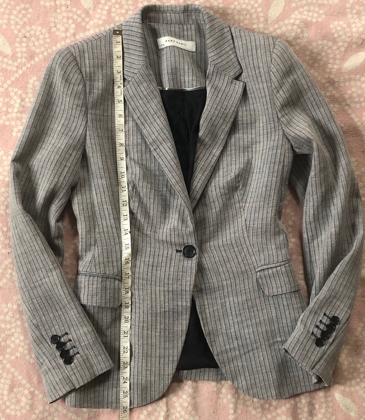 Zara Basic Womens M Lightweight Woven Gray Striped 1-Button Blazer Collar Lined
