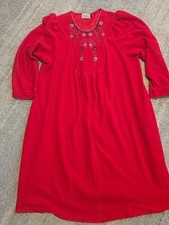 Vintage Vanity Fair Nightgown Red Velour Floral Embroidered Kaftan Made in USA L