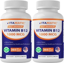  2 Pack Vitamatic Vitamin B12 1000 mcg Fast Dissolve 365 Tablets-Berry Flavor