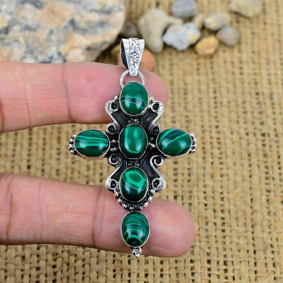Malachite Gemstone 925 Solid Silver Handmade Jewelry Cross Pendant New Year Gift - Image 2 of 4