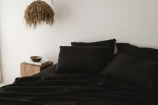 Black  Linen flat sheet in king queen twin and other sizes 3 Piec Boho Style Set