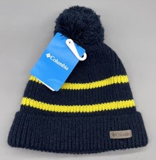 Columbia Youth Beanie Aurora Lights Winter Hat Pom Blue Yellow Stripe New