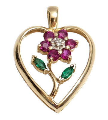 14K Gelbgold Diamant Rubin Smaragd Blume Herz Anhänger 3,0g **RIESIGE AUSWAHL*
