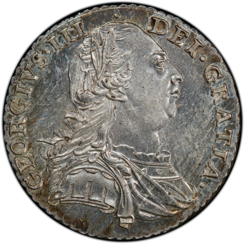 1787 srebrny szyling króla Jerzego III PCGS MS-63 bez serc - Zdjęcie 1 z 5