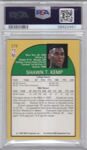 1990 Hoops Basketball Supersonics Shawn Kemp Rookie RC Card #279 PSA 9 MINT QTY - Picture 2 of 2