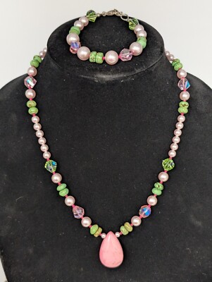 Designer Emily Ray Signed 925 Silver Pink Stone Crystal Necklace Bracelet Set