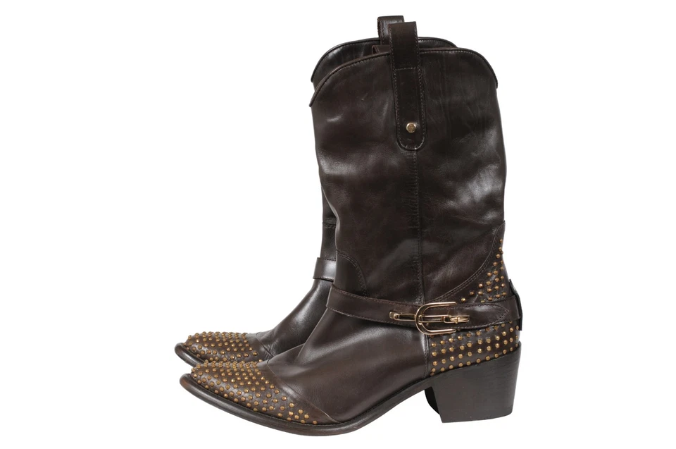 Cesare Paciotti Studded Western Cowboy Boots US 7 EU 37 Brown Leather Gold - Image 4 of 4