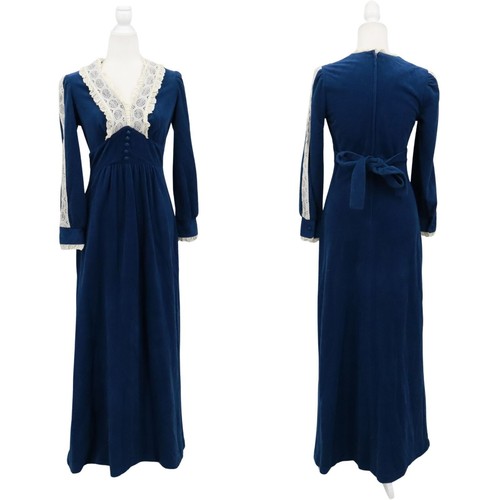Vintage Velvet Lace Dress Womens M Blue Victorian Feminine Romantic Bridgerton