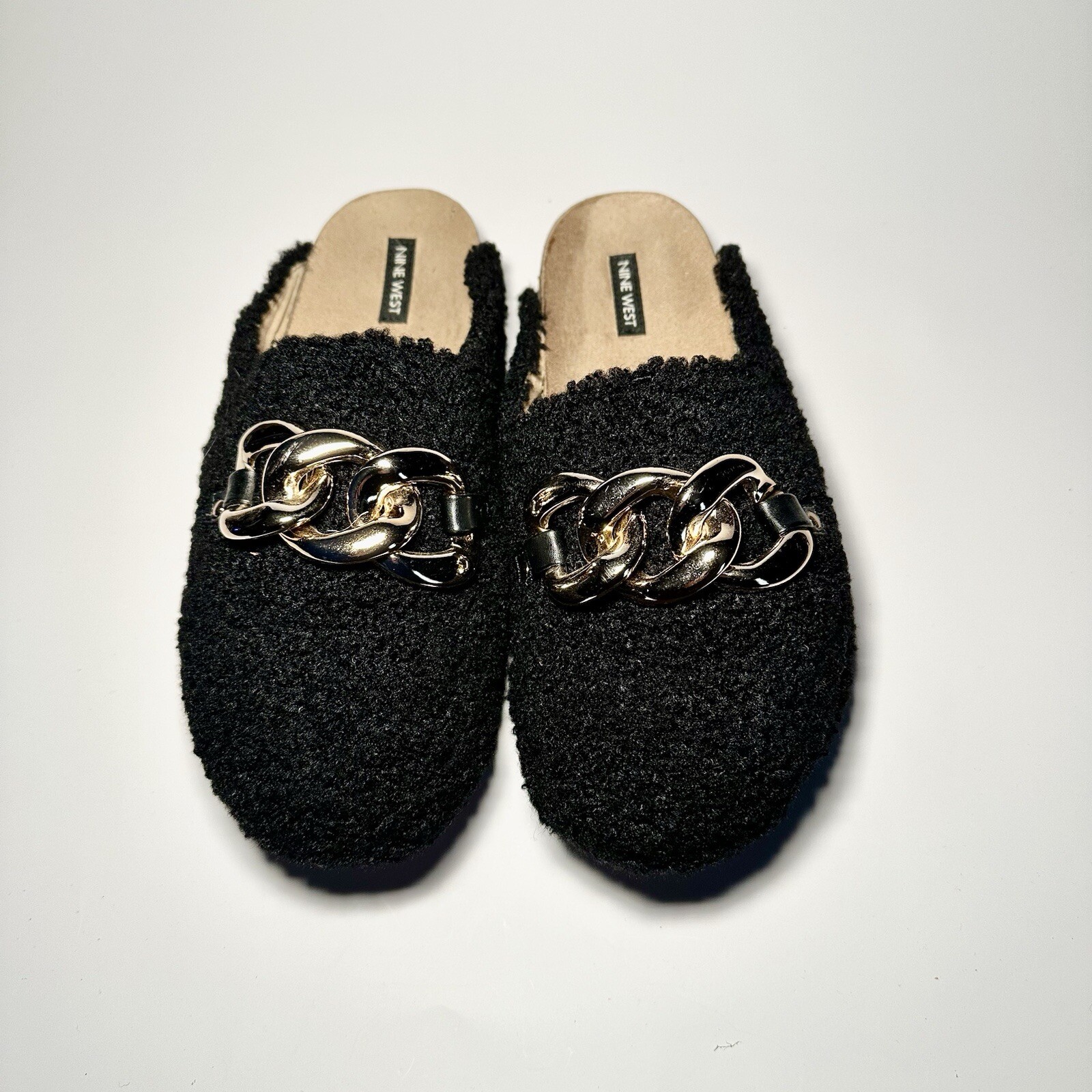PANTOFOLA D’ORO Ciabatte donna Nine West zoccoli shearling con catena oro nere taglia 9 esaurite