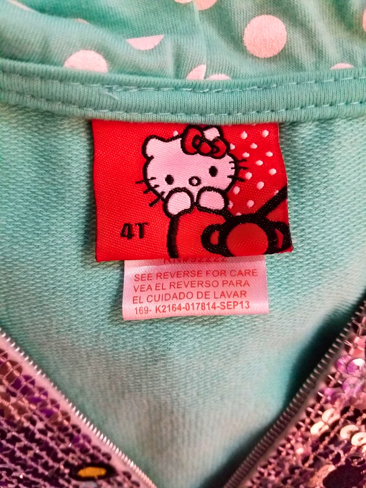 Hello Kitty Hoodie Toddler Girls 4T Turquoise Sequin Short Sleeve Zip-Up Sanrio  - Image 4 of 4