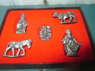 Miniature Pewter Nativity Figurines Set Mary Joseph Jesus Donkey & Cow