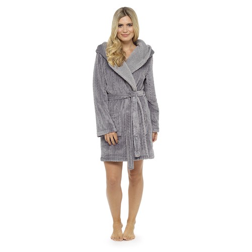 Ladies Soft Luxury Fleece Fur Cable Robe,Sherpa Hooded Dressing Gown, 8-22, Gift - Picture 6 of 6