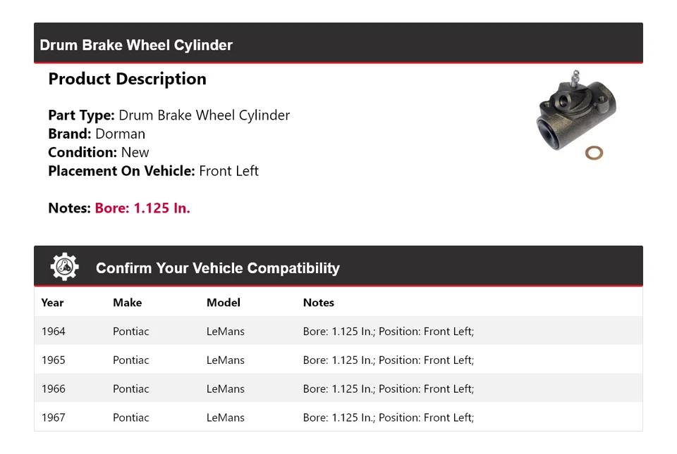 For 1964-1967 Pontiac LeMans Dorman Drum Brake Wheel Cylinder Front Left 1965 - Image 2 of 4