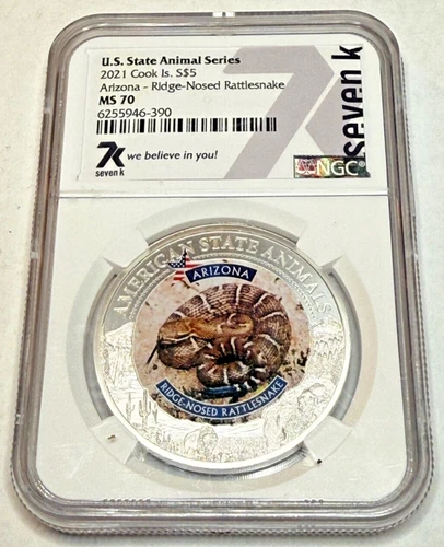 2021 Cook Islands S$5 U.S. State Animal Series Arizona Rattlesnake NGC MS70
