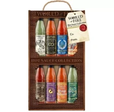 World Of Fire Hot Sauce Collection Wood Crate Special Edition Gift Set. 8Bottles