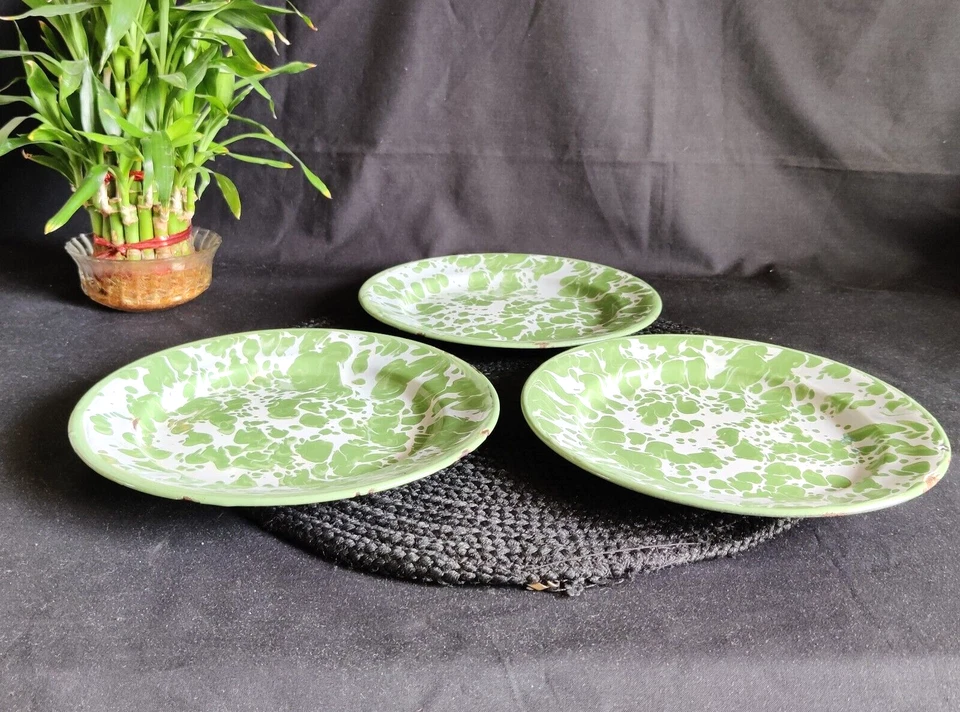 Antique Vert & Blanc Couleur Repasser Émail Plaques 3Pcs Cuisine Décoratifs - Photo 2/4