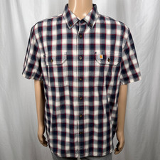 Carhartt Men's XL Navy Blue/Red Plaid Relaxed Fit Short Sleeve Button-Up Shirt