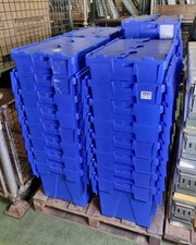 50  x LARGE USED TOTE BOX / ATTACHED LID CONTAINER / CRATE 600x400x300mm VGC