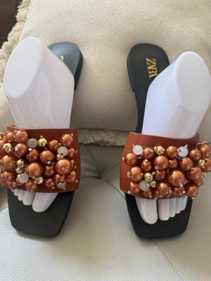 ZARA Women's Brown Gold Beaded Slide Sandals with Slip-On Straps