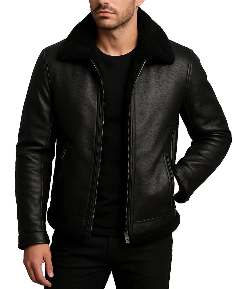 Chaqueta de motociclista de aviador de cuero genuino para hombre - chaqueta de motociclista negra estilo aviador