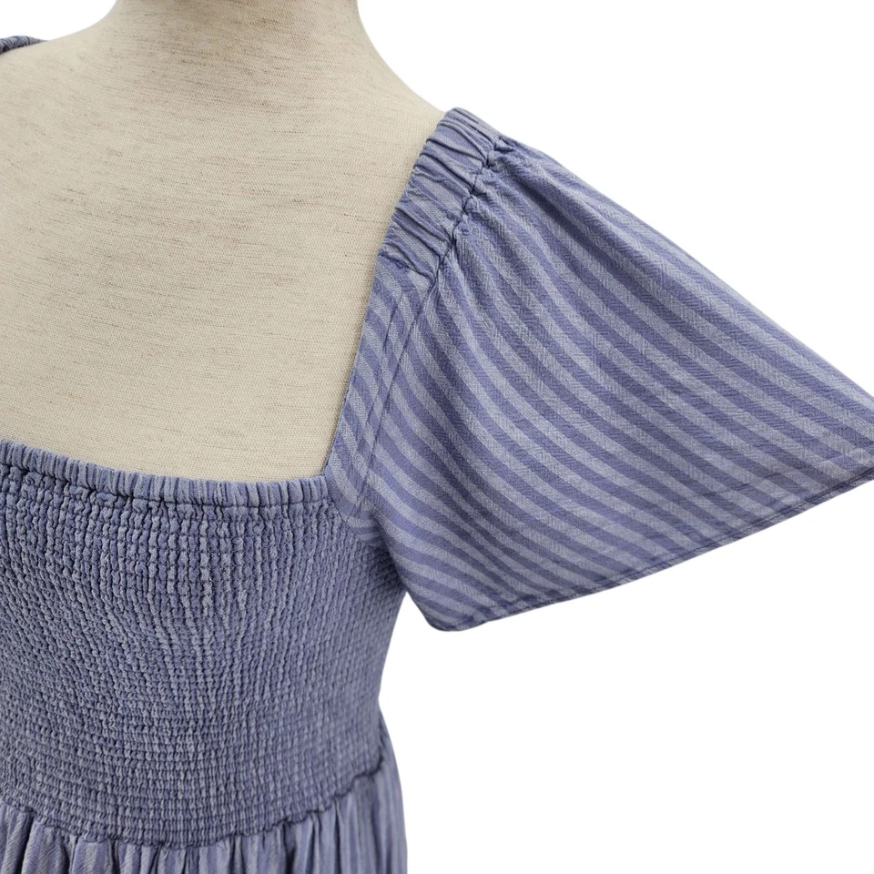 Madewell Womens Small Dress Linen Blend Lucie Smocked Midi in Stripe Blue Boho - Image 3 of 4