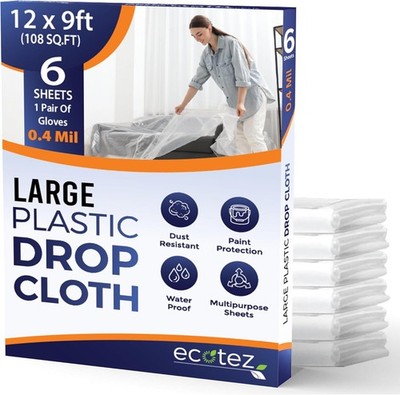 6 Pack 12 x 9 ft Extra Large Plastic Drop Cloth for Painting - Light & Durable 