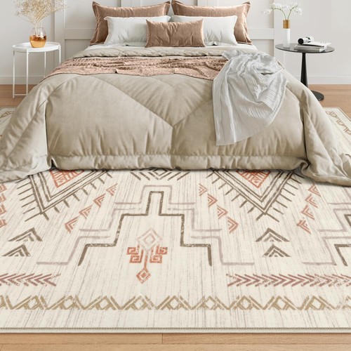 Washable 8x10 Area Rug for Living Room, Beige Aztec Moroccan Area Rug, Neutra... - Picture 8 of 9